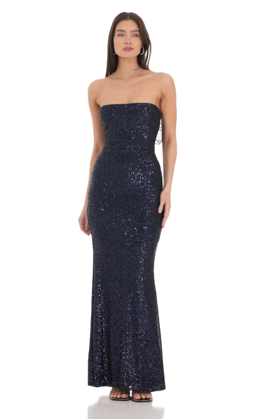 Strapless Back Bow Corset Maxi Dress in Navy and white